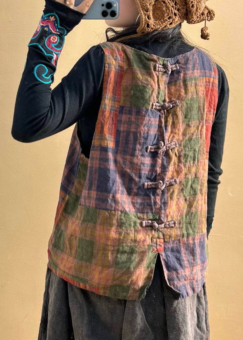 O-neck Plaid Patchwork Pockets Linen Vest Sleeveless