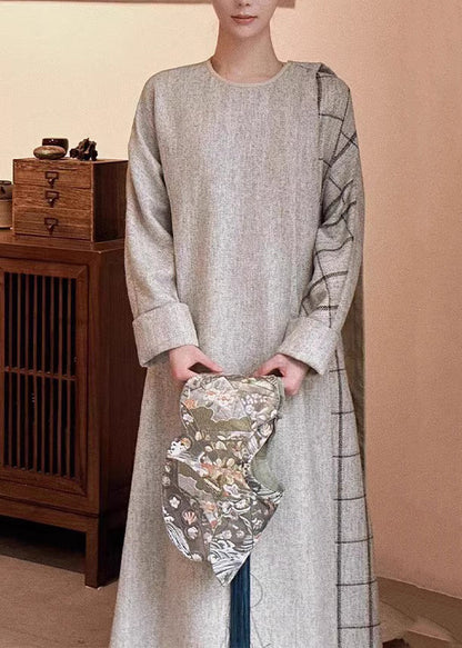 Chinese Style Grey Cape and Dress Cotton Two-piece Set Spring