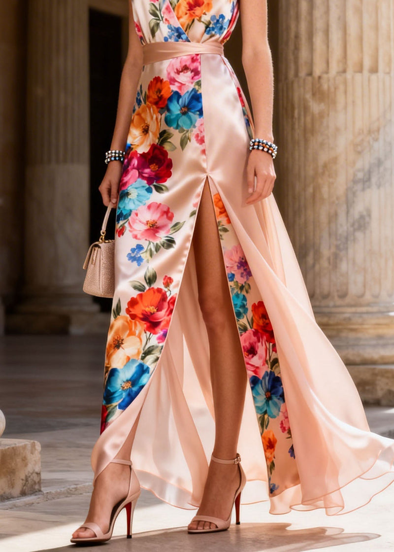 Boutique V Neck Print Side Open Chiffon Dresses Summer