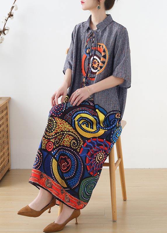 Stylish Grey Print Tie Loose Vacation Summer Chiffon Dress