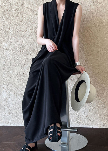Black Asymmetrical Design Cotton Dress V Neck Sleeveless