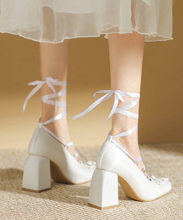 Pink Lace Up Splicing Chunky High Heels Pink Satin