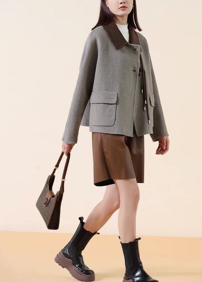 Grey Tasseled Patchwork Chinese Button Wool Coats Winter