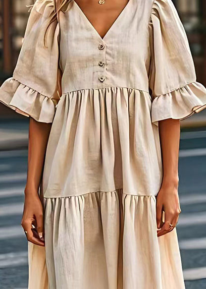 Beige V Neck Wrinkled Patchwork Linen Dresses Summer