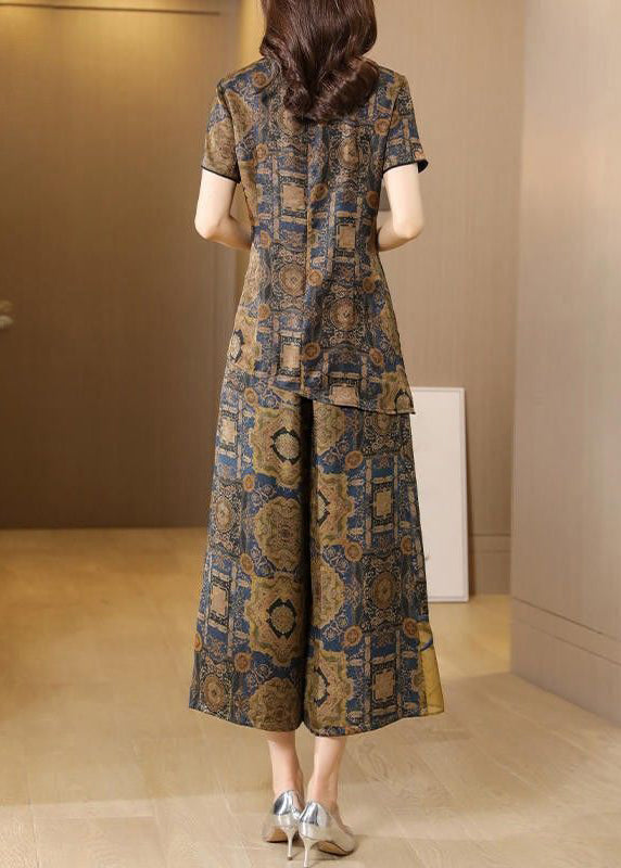 Khaki Asymmetrical Design Print Silk Two Pieces Set Summer