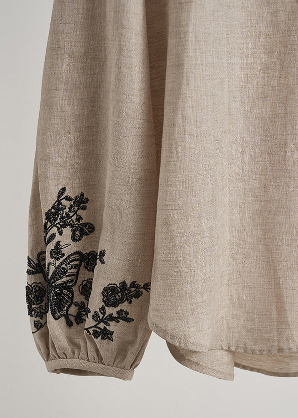 Beige Embroidered Linen Sets 2 Pieces Fall