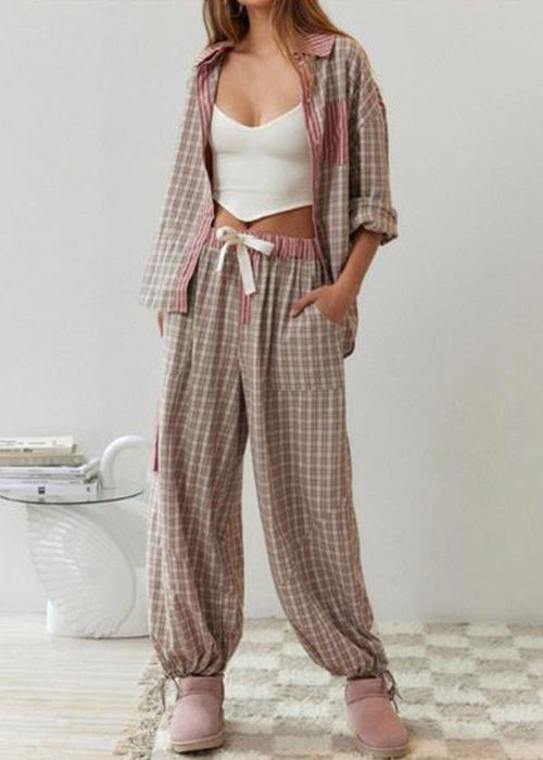 Coffee Plaid Patchwork Cotton Pajamas Two Piece Suit Set Spring