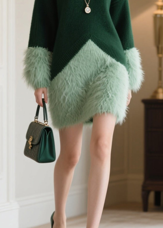 Blackish Green Oversized Patchwork Faux Fur Knitwear Dress Winter