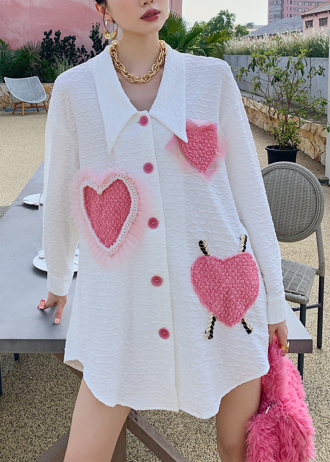 White Peter Pan Collar Embroideried Loving Heart Button Shirt Long Sleeve