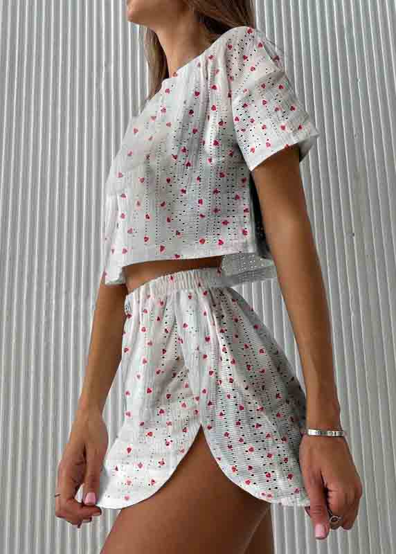 Art Hollow Out Print Cotton Pajamas Two Piece Set Summer