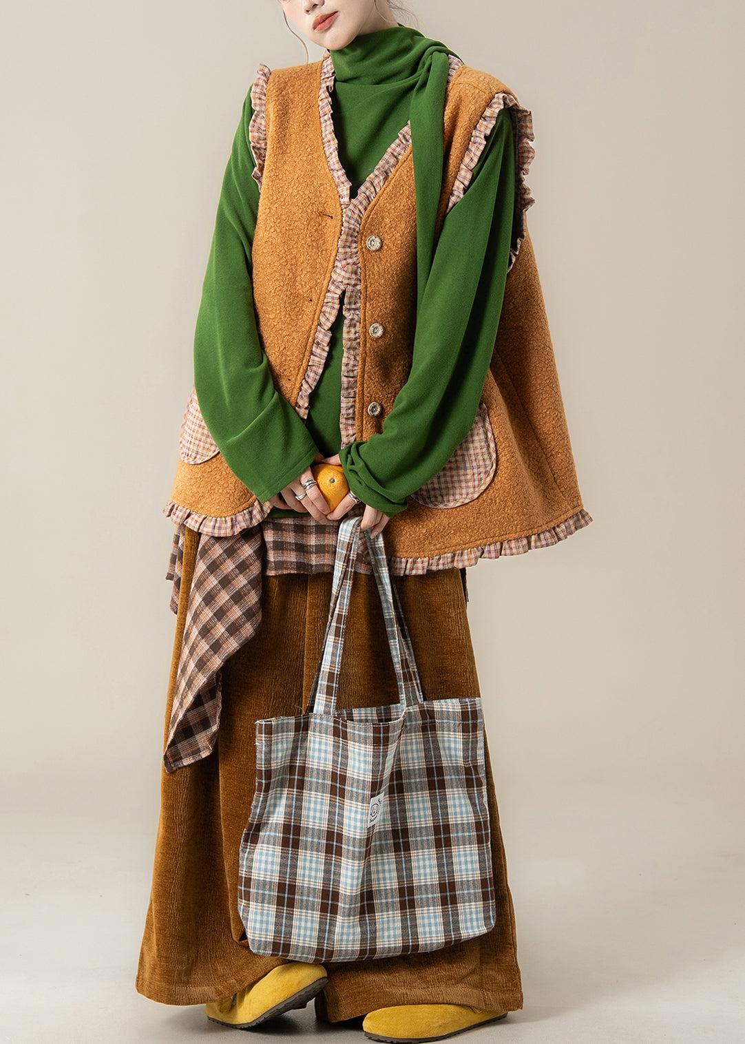 Plaid Orange Ruffled Wear on Both Sides Teddy Waistcoat and Pants Two Pieces Set Fall