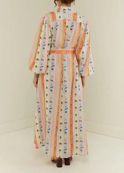 Peter Pan Collar Print Sashes Cotton Dress Long Sleeve