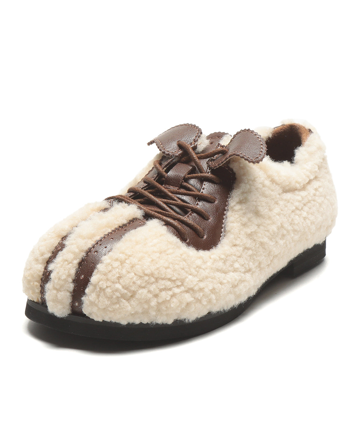 Lace Up Splicing Flat Feet Shoes Beige Fuzzy Fur