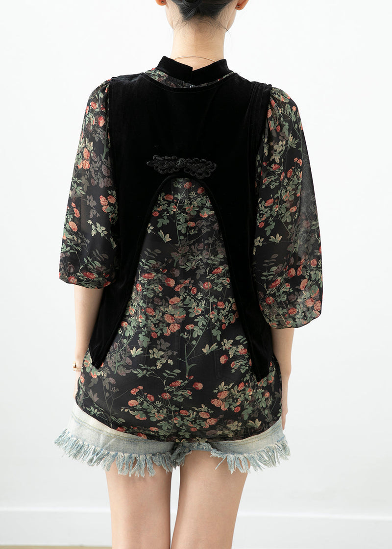Unique Black Chinese Button Silk Velour Vests and Chiffon Shirts Two-piece Set Fall