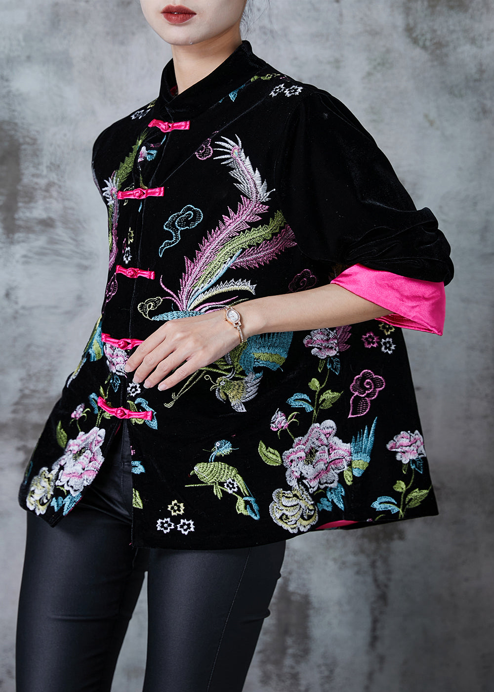 Rose Embroidered Silk Velvet Oriental Jacket Fall