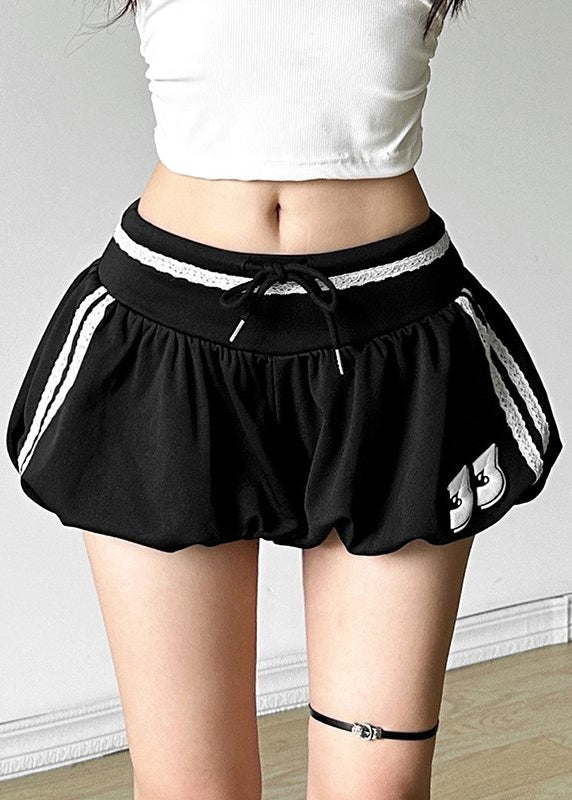 Black Striped Elastic Waist Cotton Shorts Summer