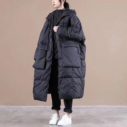 Green Hooded Zippered Pockets Winter Down Coat Long Sleeve