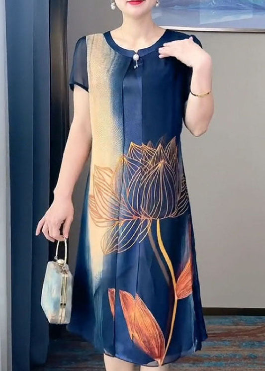 Art Tibetan Blue O-neck Tulle Patchwork Silk Long Dresses Short Sleeve