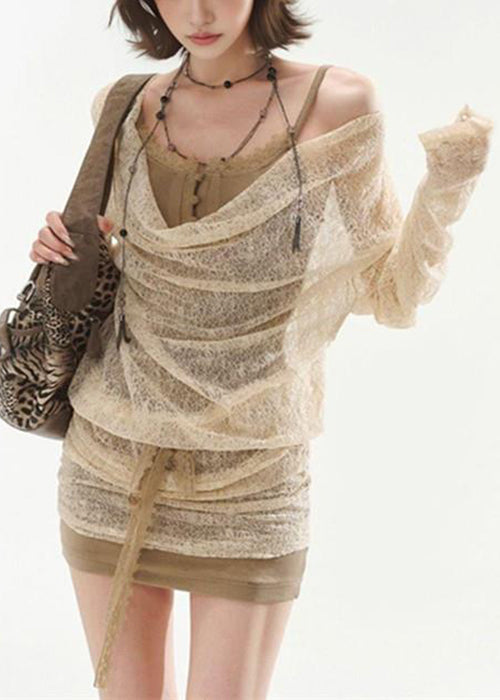 Art Apricot Lace Up False Two Pieces Lace Mini Dresses