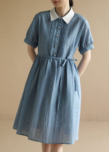 Blue Peter Pan Collar Wrinkled Button Cotton Holiday Dress Short Sleeve