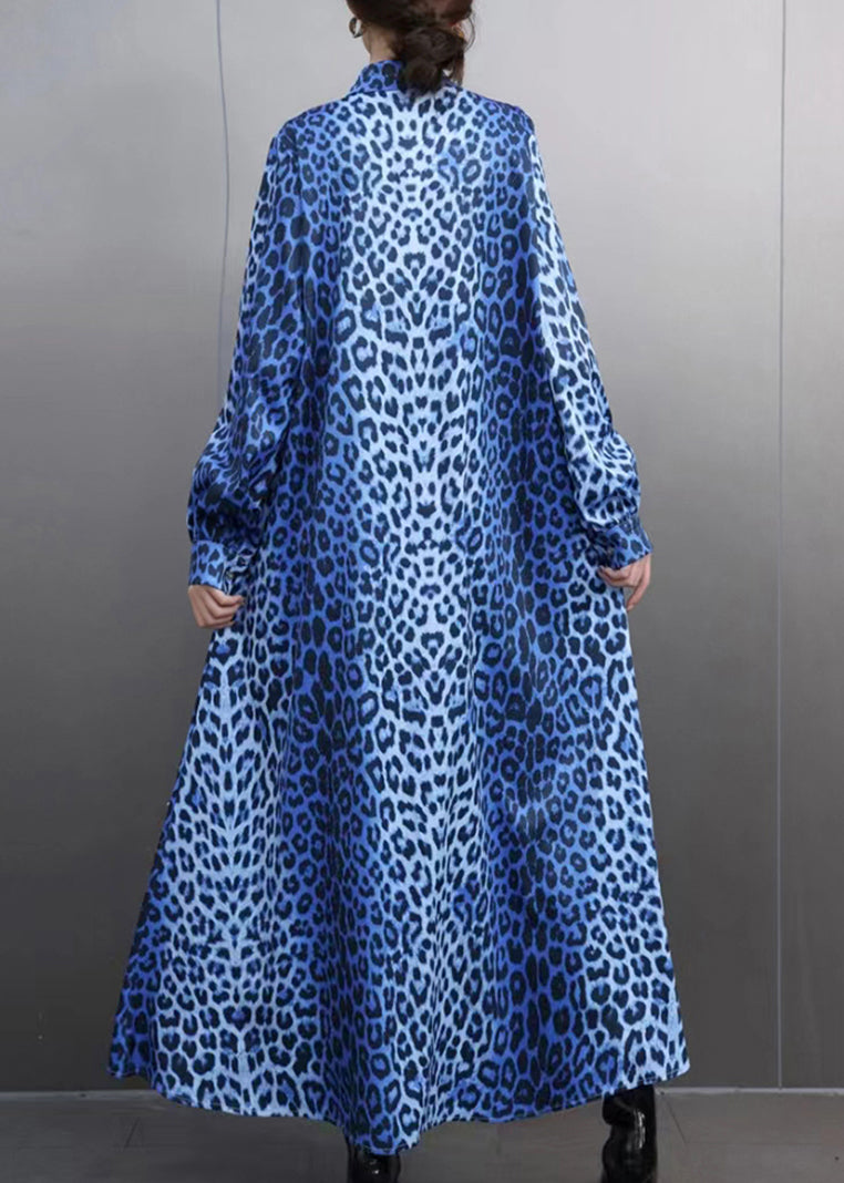 Modern Blue Leopard Print Button Maxi Shirts Dress Lantern Sleeve Fall