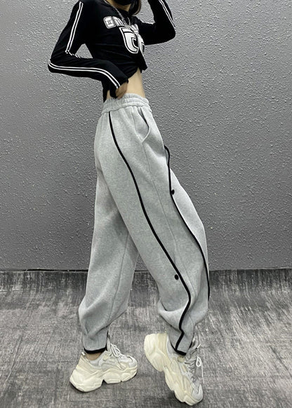 Grey Asymmetrical Pockets Elastic Waist Cotton Sport Pants Fall