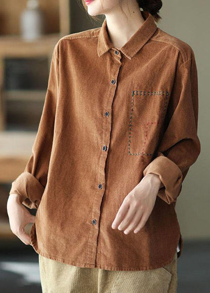 French Khaki Loose Embroideried Patchwork Fall Top Long Sleeve