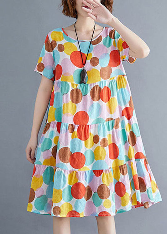 Colorblock O-neck Dot Print Cotton Pleated Dresses Short Sleeve