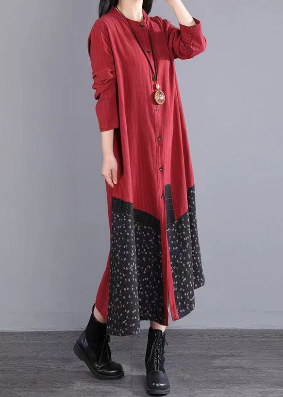 Red Print Pockets Patchwork Cotton Long Dresses Fall
