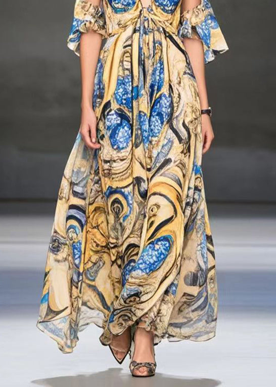 Yellow Cold Shoulder Print Chiffon Dress Summer