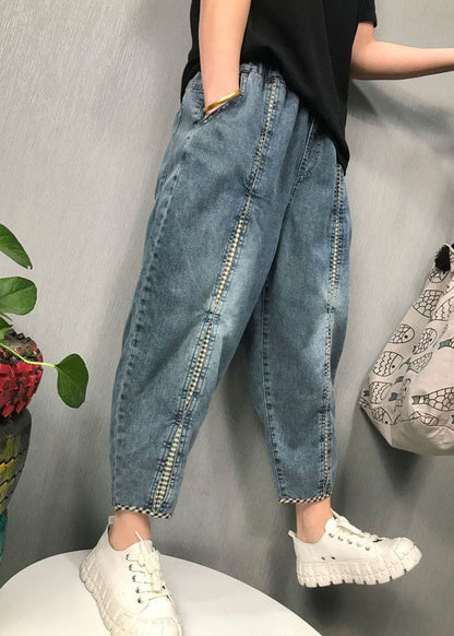 Blue Plaid Patchwork Denim Pants Spring