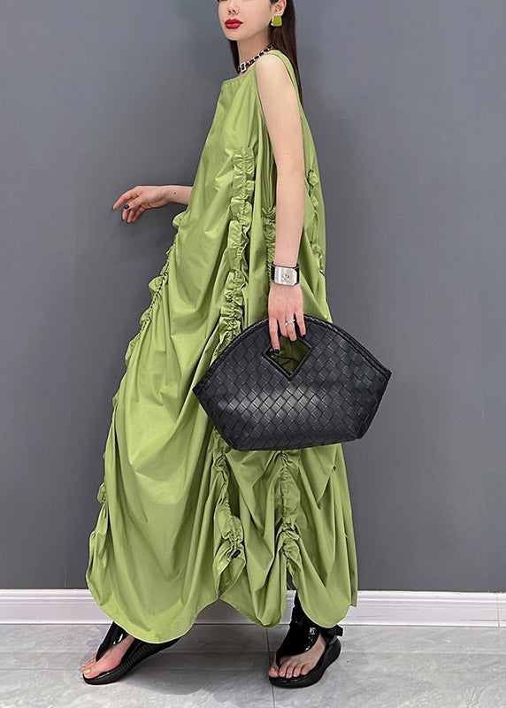Green O-neck Wrinkled Pockets Chiffon Dresses Sleeveless