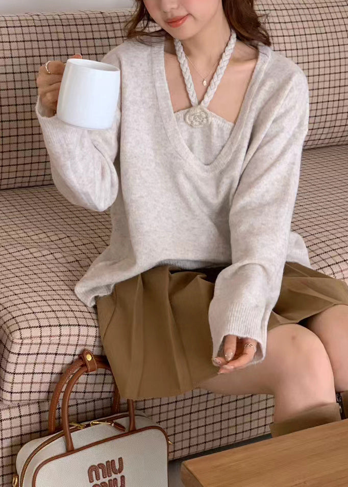 Beige Oversized Knitted Tops Two Piece Suit Set Winter