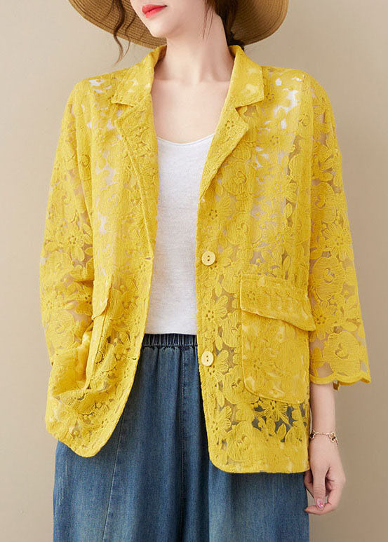 Yellow Button Peter Pan Collar Lace Coat Long Sleeve