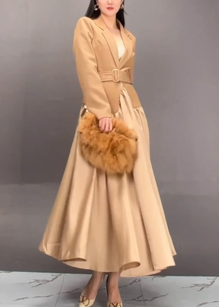 Khaki Notched Patchwork Sashes Long Trench Coats Fall