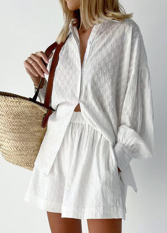Modern White Oversized Jacquard Cotton Two Piece Set Outfits Summer