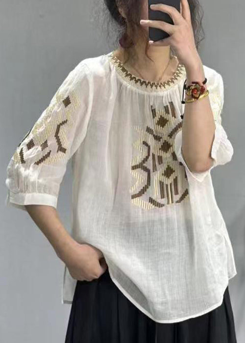 New Yellow O-neck Embroideried Patchwork Cotton T Shirt Half Sleeve