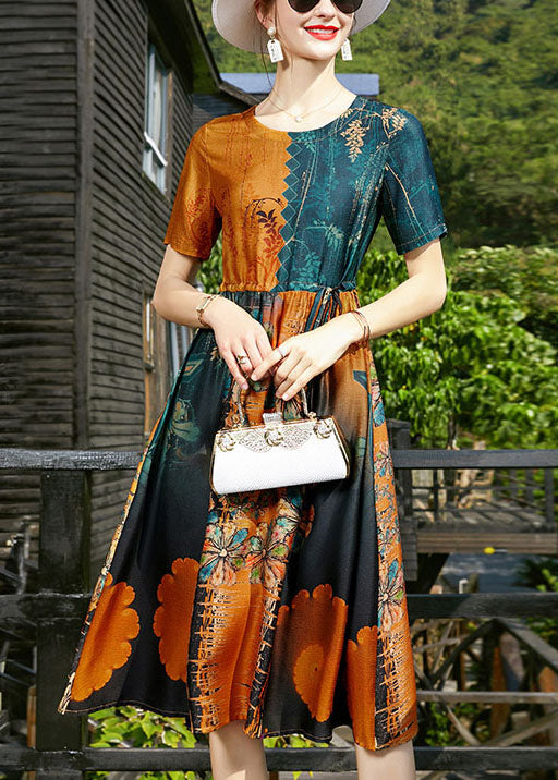 French Colorblock O-neck Cinched Print Silk Beach Dresses Short Sleeve