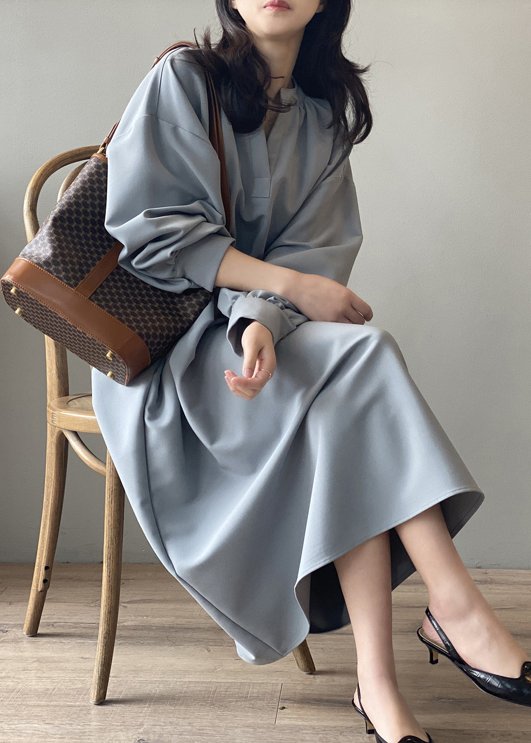 Apricot V Neck Tie Waist Cotton Long Dress Fall