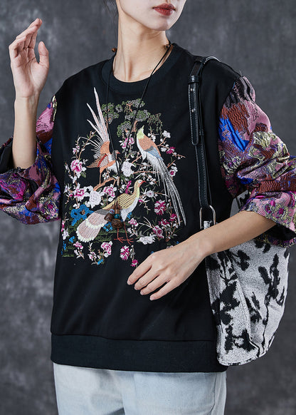 Black Embroidered Patchwork Cotton Sweatshirt Spring