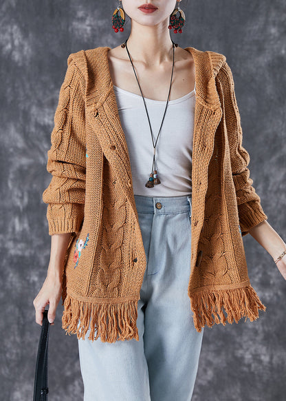 Khaki Embroideried Tasseled Knit Jackets Fall