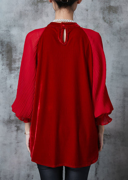 Red Oversized Patchwork Velour Shirt Tops Fall