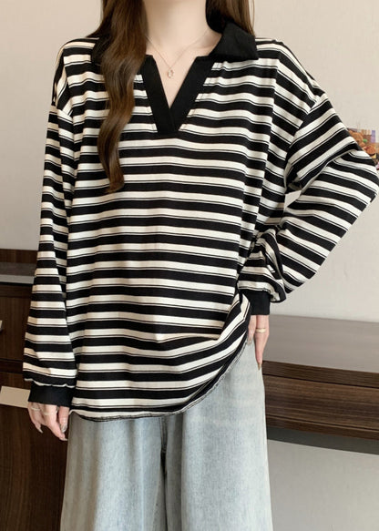 Black Oversized Striped Cotton Blouses Fall