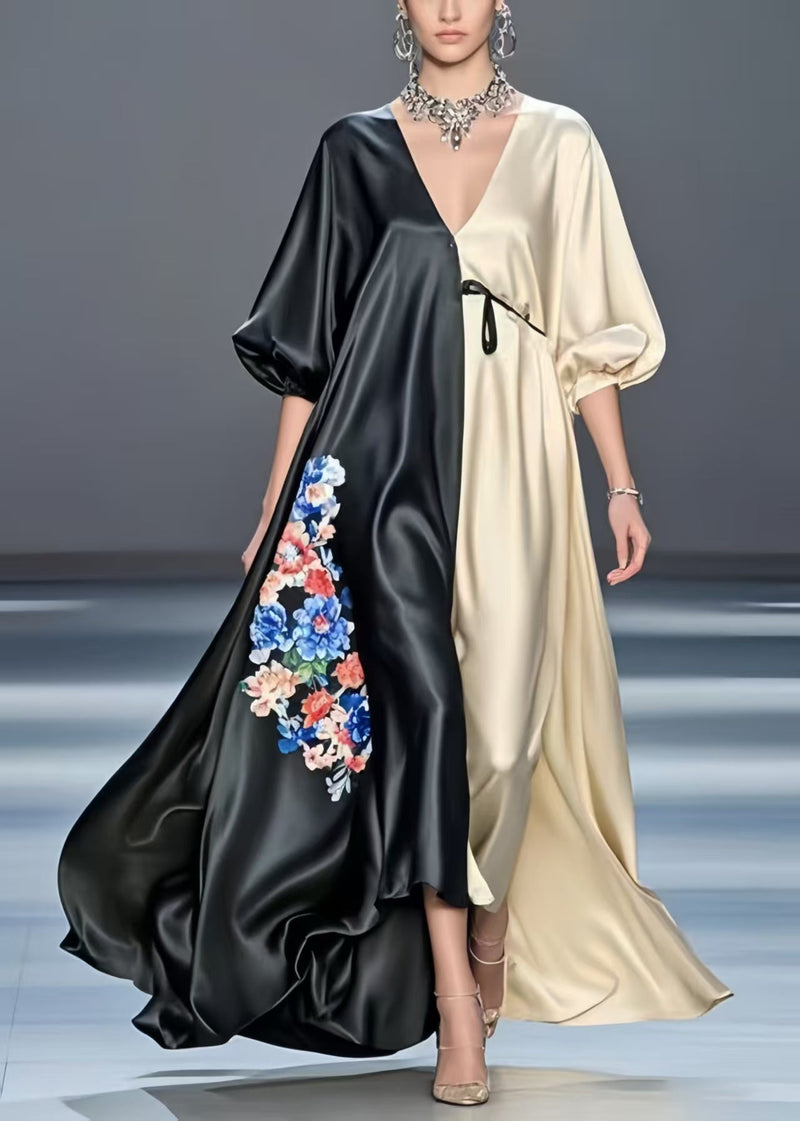 Colorblock Patchwork Silk Maxi Dresses Oversized Print Spring