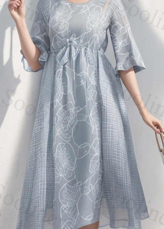 Loose Light Blue O Neck Print Wrinkled Silk Dress Summer