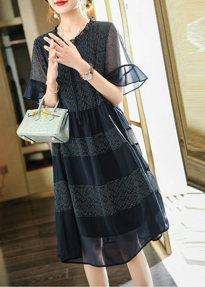 Navy Ruffled Print Chiffon Dress Flare Sleeve