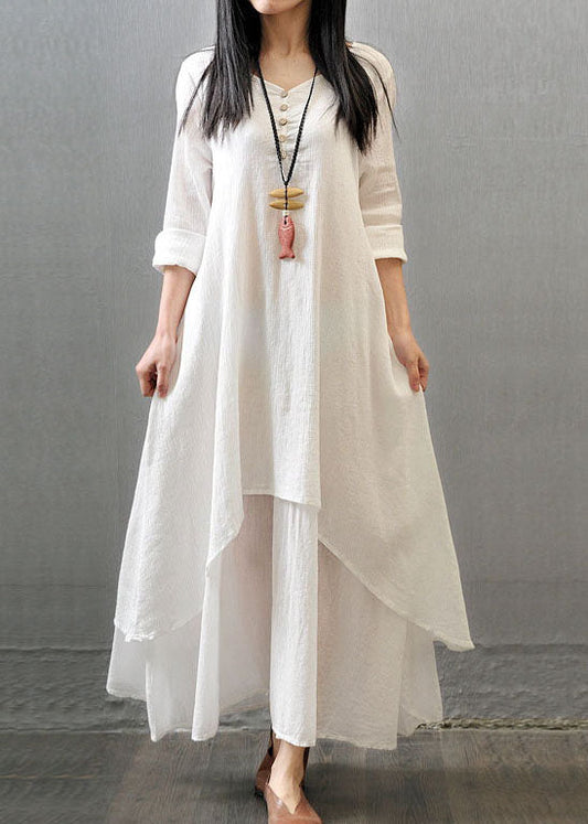 Long Sleeve Double Layers Button Asymmetric Maxi Dress