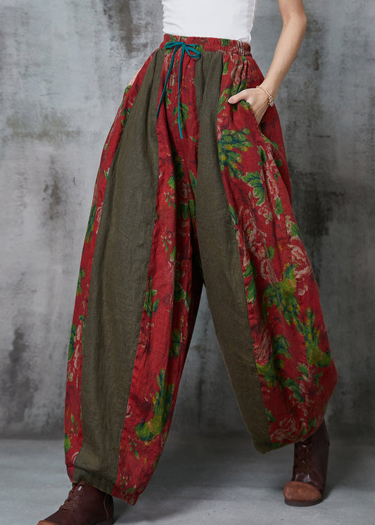Red Oversized Patchwork Print Linen Harem Pants Spring