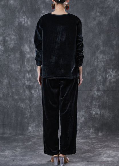 Loose Black O-neck Embroideried Silk Velour Two Piece Suit Set Spring