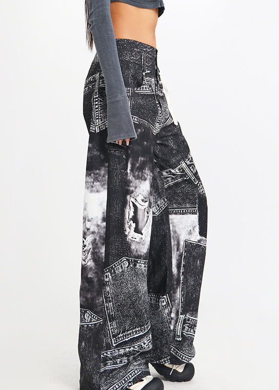 Black Print High Waist Denim Pants Spring